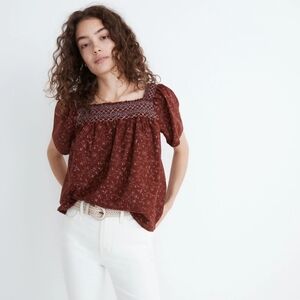 Madewell Square-Neck Smocked Top in Dotted Vines Size L